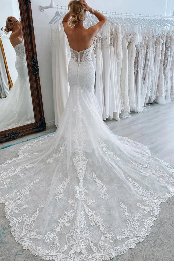 Mermaid White Long Wedding Dress with Lace Appliques