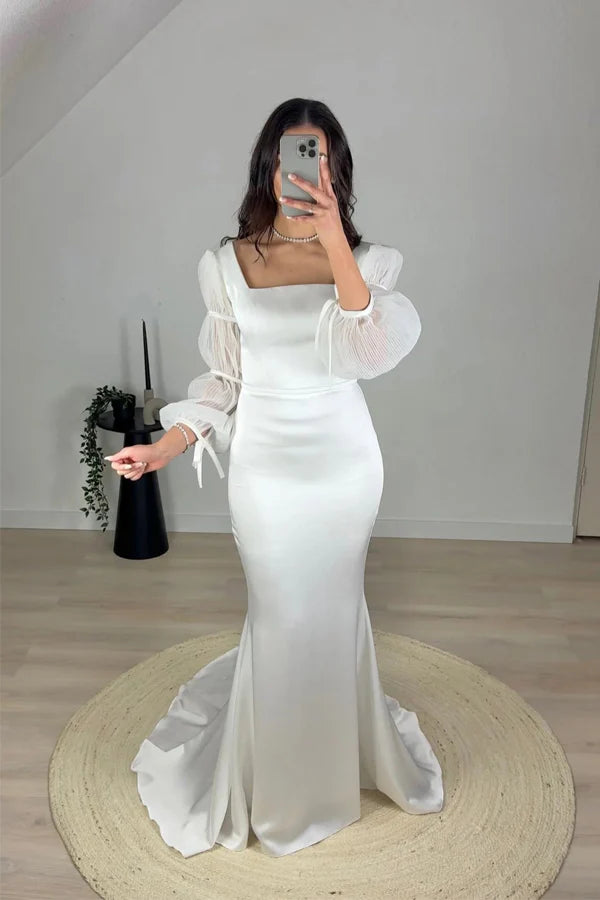 Mermaid White Square Neck Long Sleeves Wedding Dress