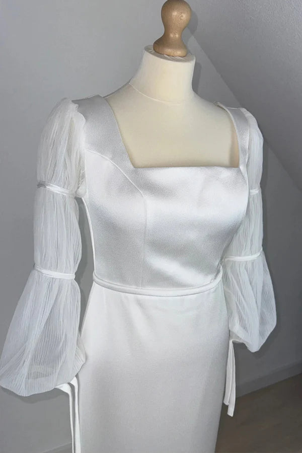 Mermaid White Square Neck Long Sleeves Wedding Dress