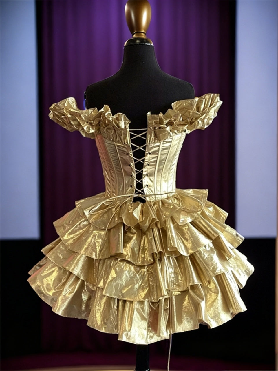 Metallic Gold Off Shoulder Boned Corset Crisscross Lace-Up Back Tiered Ruffle Mini Homecoming Dresses