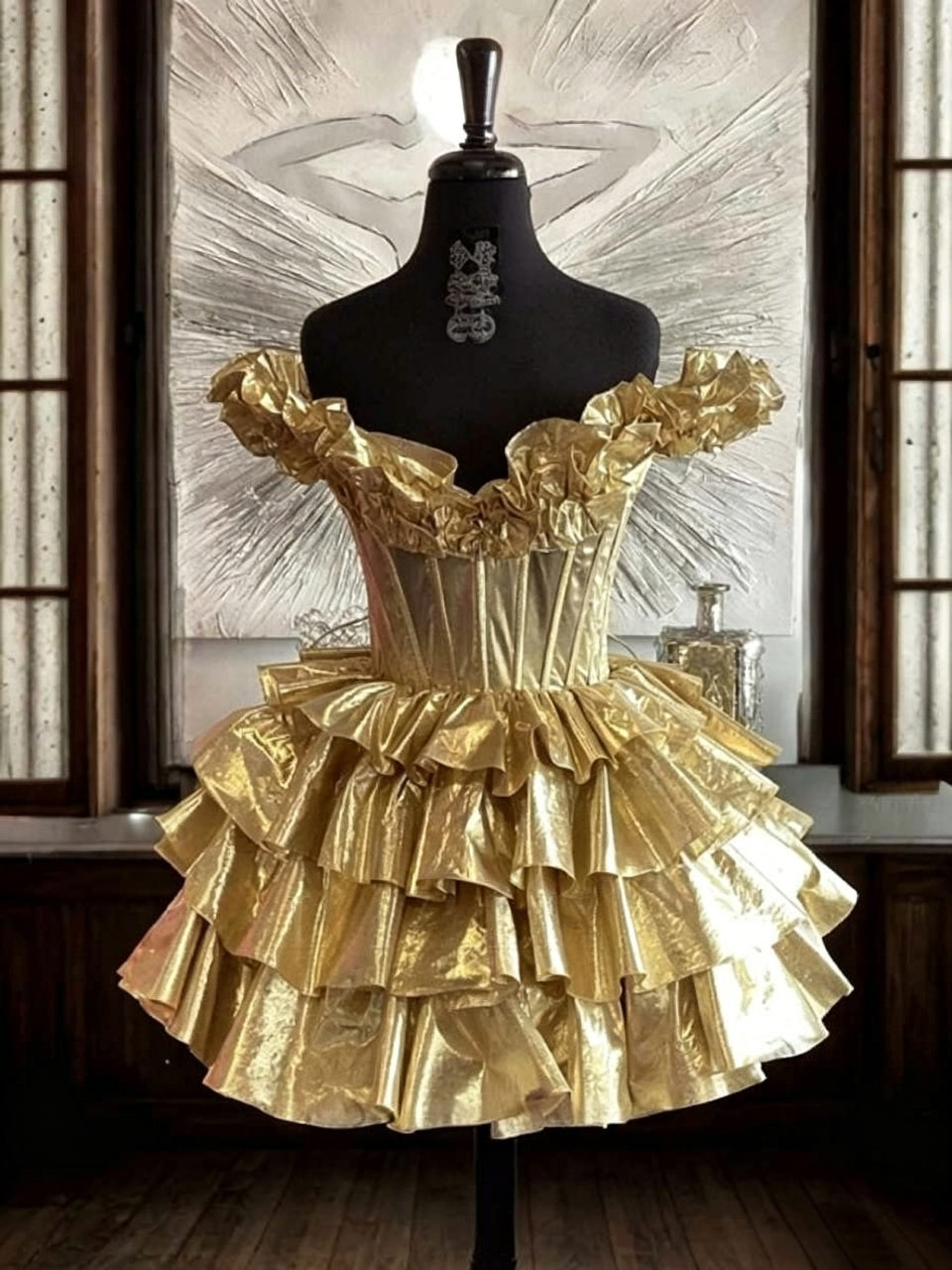 Metallic Gold Off Shoulder Boned Corset Crisscross Lace-Up Back Tiered Ruffle Mini Homecoming Dresses