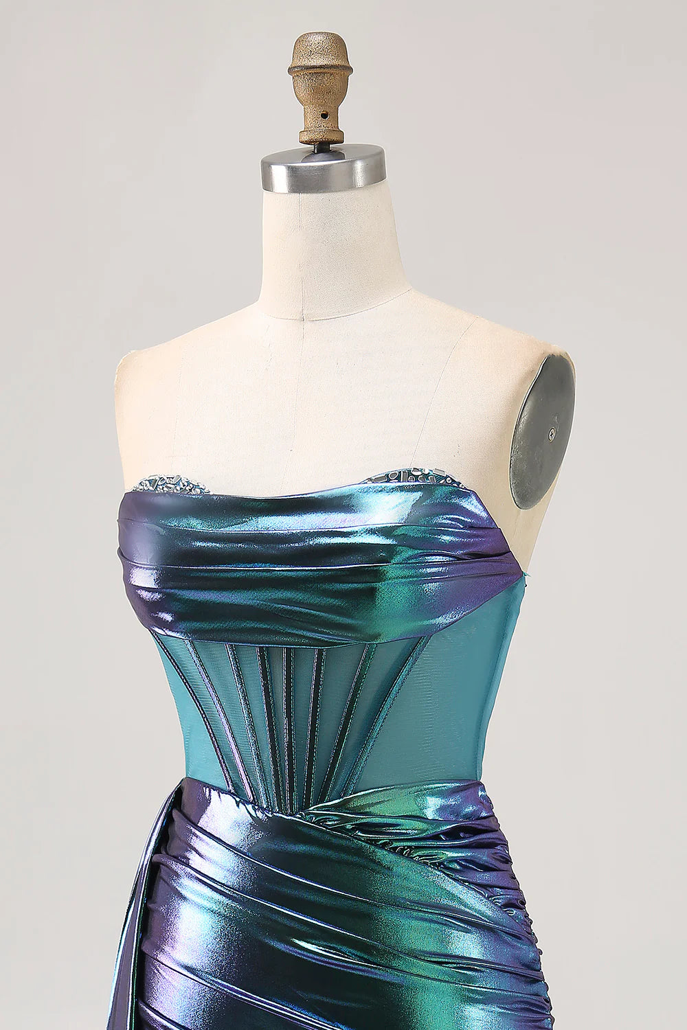 Metallic Green Strapless Corset Ruched Short Homecoming Dress with Side Cape