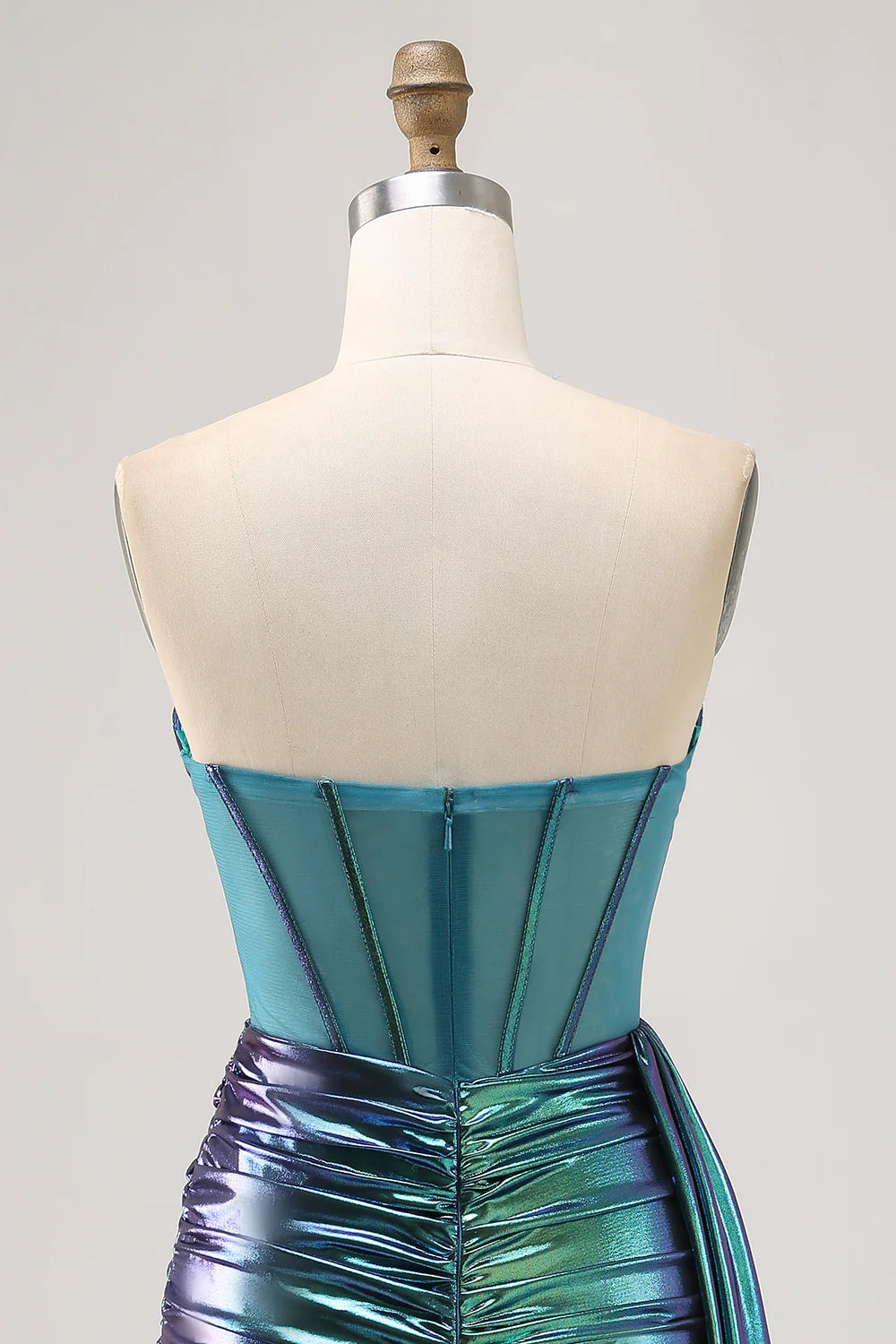 Metallic Green Strapless Corset Ruched Short Homecoming Dress with Side Cape
