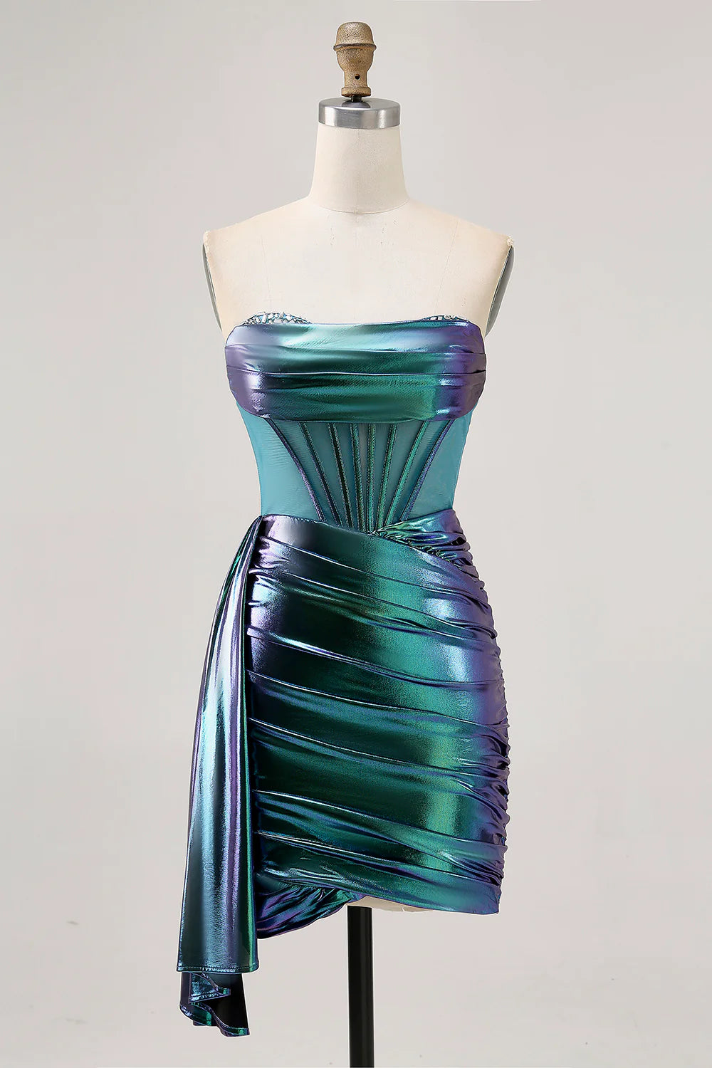 Metallic Green Strapless Corset Ruched Short Homecoming Dress with Side Cape