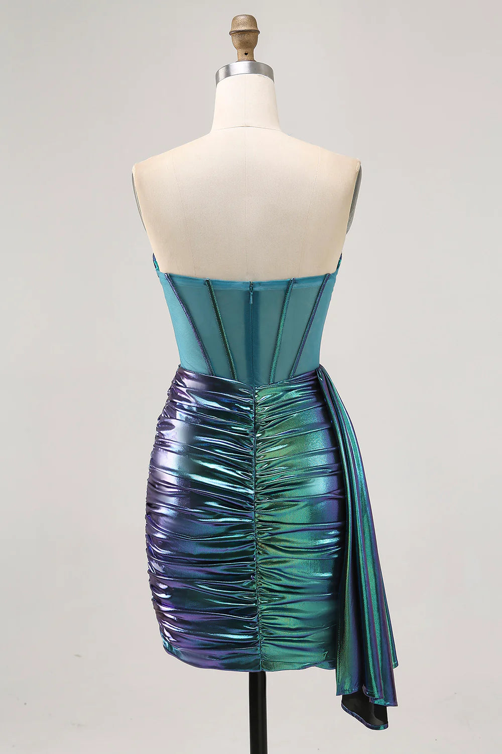 Metallic Green Strapless Corset Ruched Short Homecoming Dress with Side Cape
