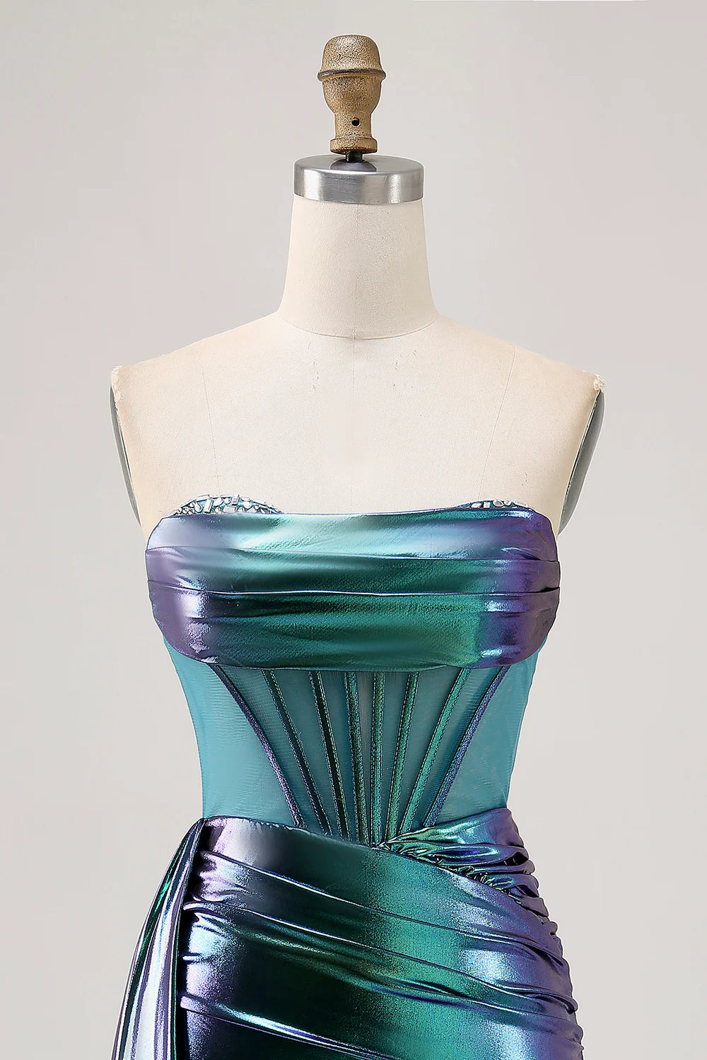 Metallic Green Strapless Corset Ruched Short Homecoming Dress with Side Cape