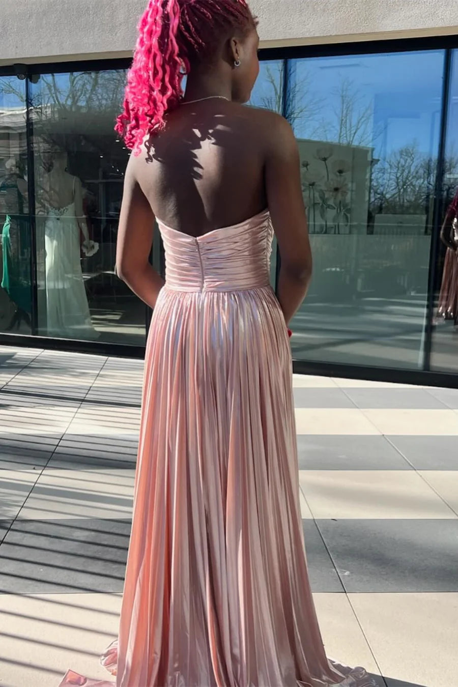 Metallic Strapless Pleated Gown in Rose Gold