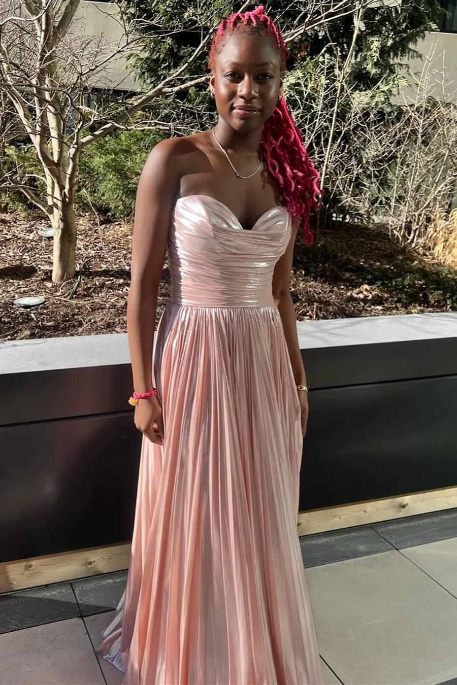 Metallic Strapless Pleated Gown in Rose Gold