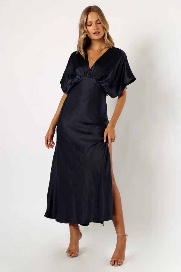 Midnight Blue V-Neck Kimono-Sleeve Gathered Waist Satin Midi Evening Dress
