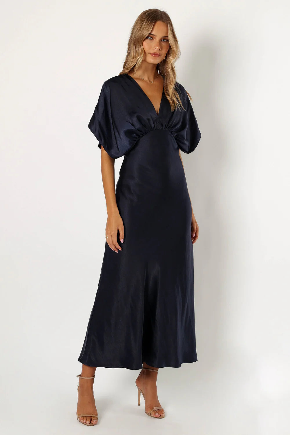 Midnight Blue V-Neck Kimono-Sleeve Gathered Waist Satin Midi Evening Dress
