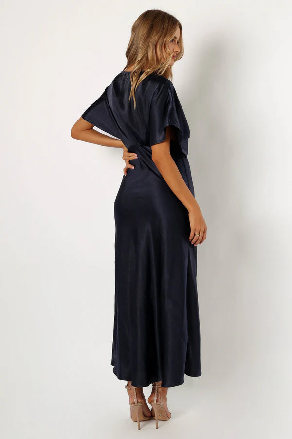 Midnight Blue V-Neck Kimono-Sleeve Gathered Waist Satin Midi Evening Dress