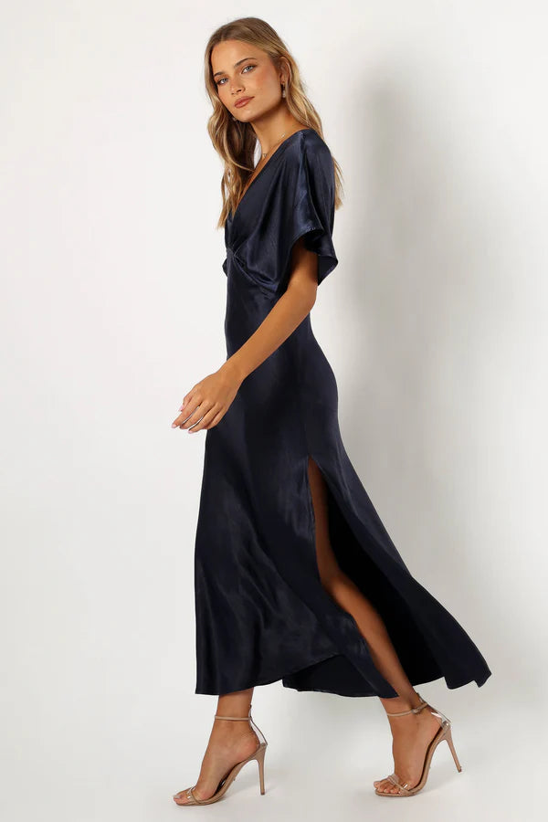 Midnight Blue V-Neck Kimono-Sleeve Gathered Waist Satin Midi Evening Dress