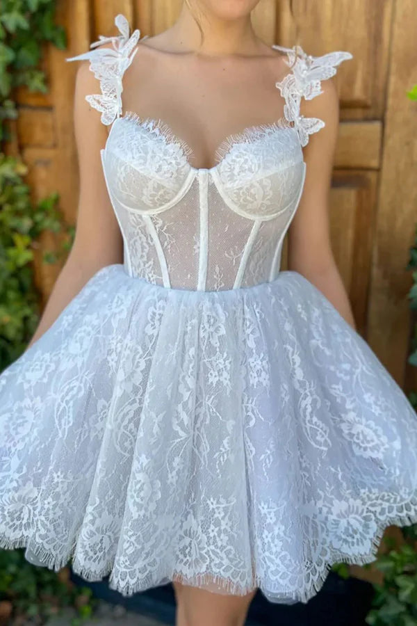 Mini White Homecoming Dress Lace Short Prom Dress