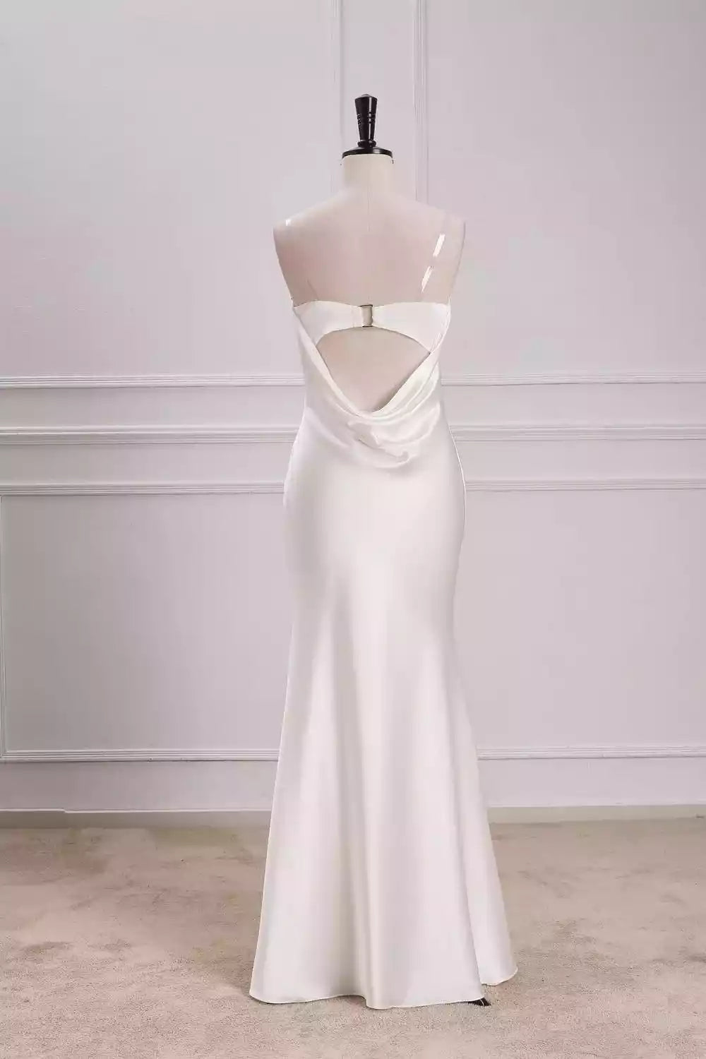 Minimalist Ivory Satin Strapless Mermaid Wedding Gown with Cowl Back