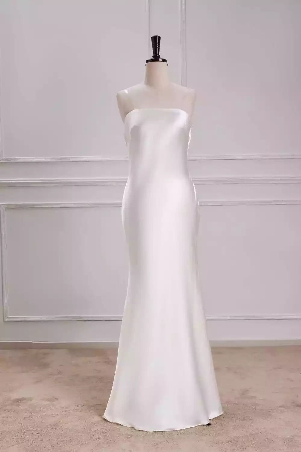 Minimalist Ivory Satin Strapless Mermaid Wedding Gown with Cowl Back