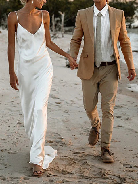 Minimalist Ivory V-Neck Spaghetti Strap Plunge Open Back Slip Mermaid Floor-Length Wedding Dress with Sweep Train