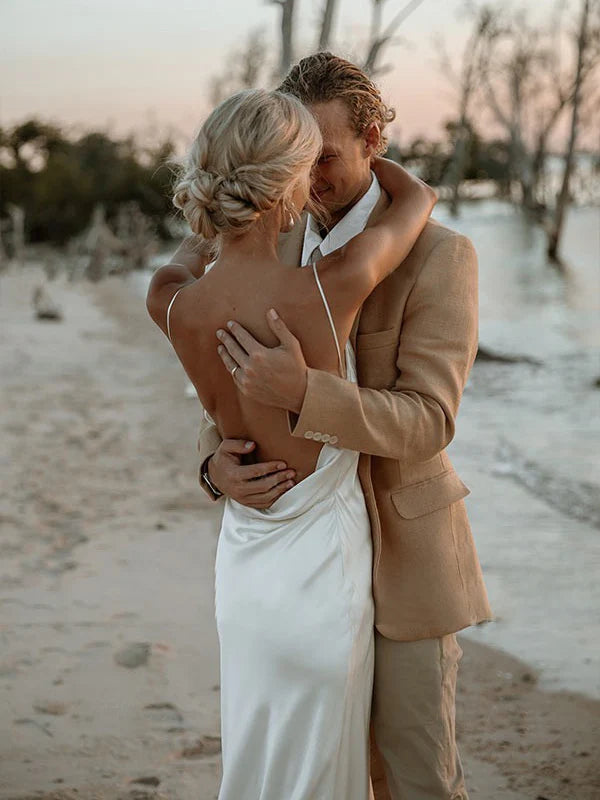 Minimalist Ivory V-Neck Spaghetti Strap Plunge Open Back Slip Mermaid Floor-Length Wedding Dress with Sweep Train