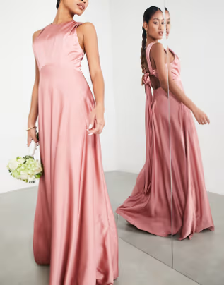 Minimalist Sleeveless Floor-Length Bow-Back Satin Bridesmaid Dress