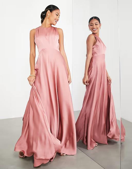 Minimalist Sleeveless Floor-Length Bow-Back Satin Bridesmaid Dress