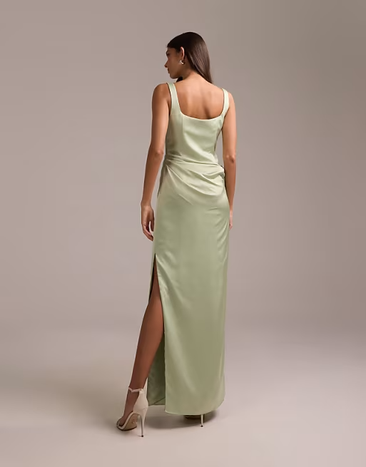 Minimalist Square-Neck Ruched Waist Floor-Length Satin Bridesmaid Dress