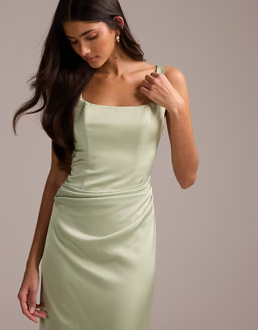 Minimalist Square-Neck Ruched Waist Floor-Length Satin Bridesmaid Dress