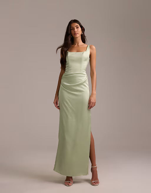 Minimalist Square-Neck Ruched Waist Floor-Length Satin Bridesmaid Dress
