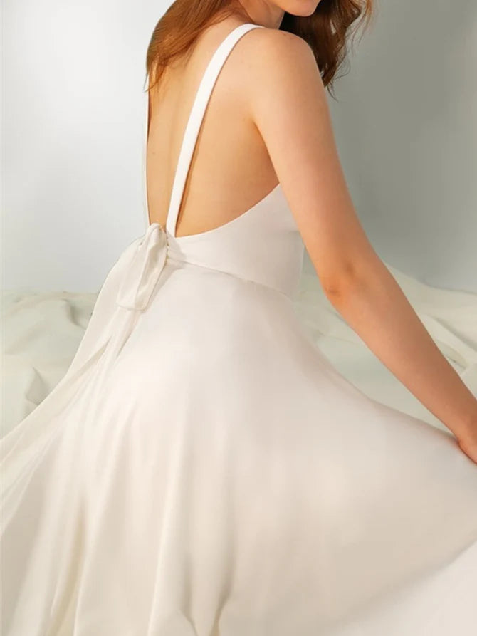 Minimalist V-Neck Satin A-Line Wedding Dress with Open Back Bow & High Slit
