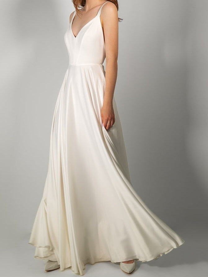 Minimalist V-Neck Satin A-Line Wedding Dress with Open Back Bow & High Slit