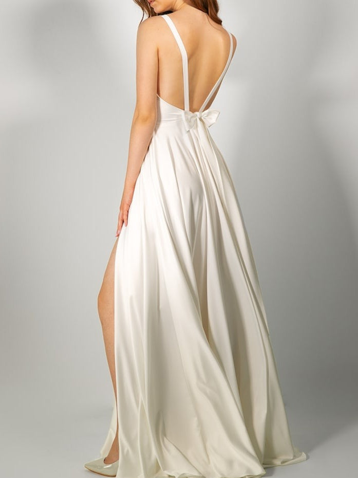 Minimalist V-Neck Satin A-Line Wedding Dress with Open Back Bow & High Slit