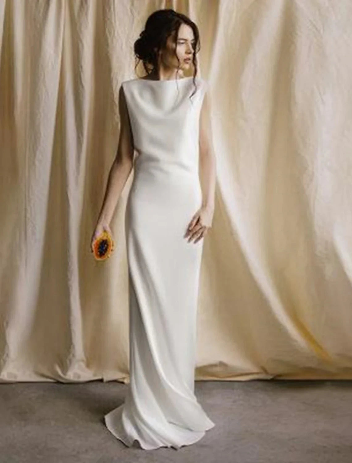 Minimalist Satin Sheath Cowl Neck Sleeveless Deep V-Back Floor-Length Wedding Dresses