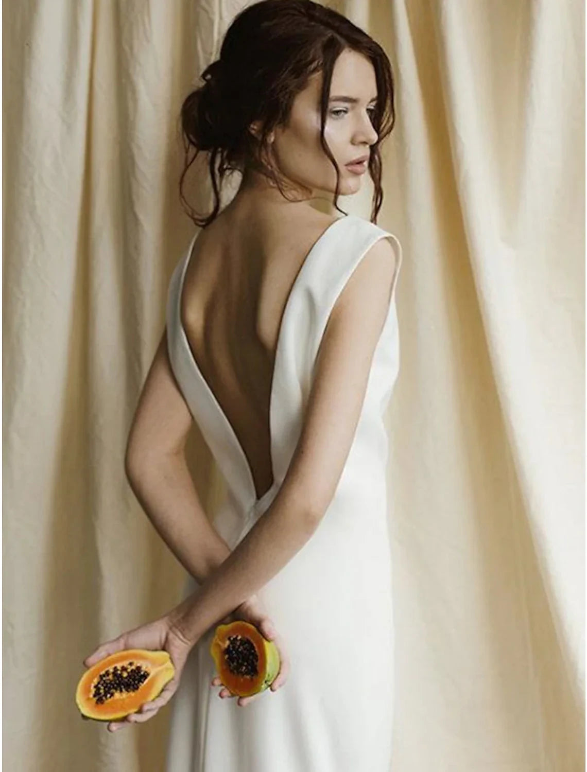 Minimalist Satin Sheath Cowl Neck Sleeveless Deep V-Back Floor-Length Wedding Dresses