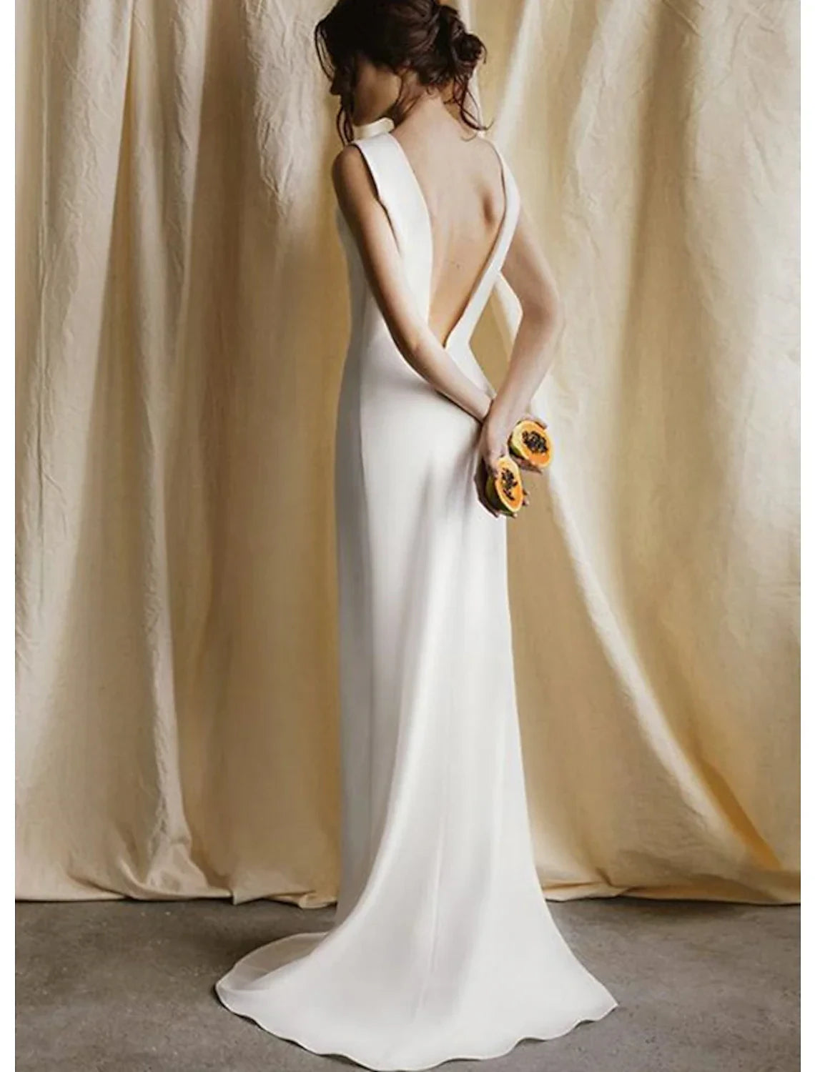 Minimalist Satin Sheath Cowl Neck Sleeveless Deep V-Back Floor-Length Wedding Dresses