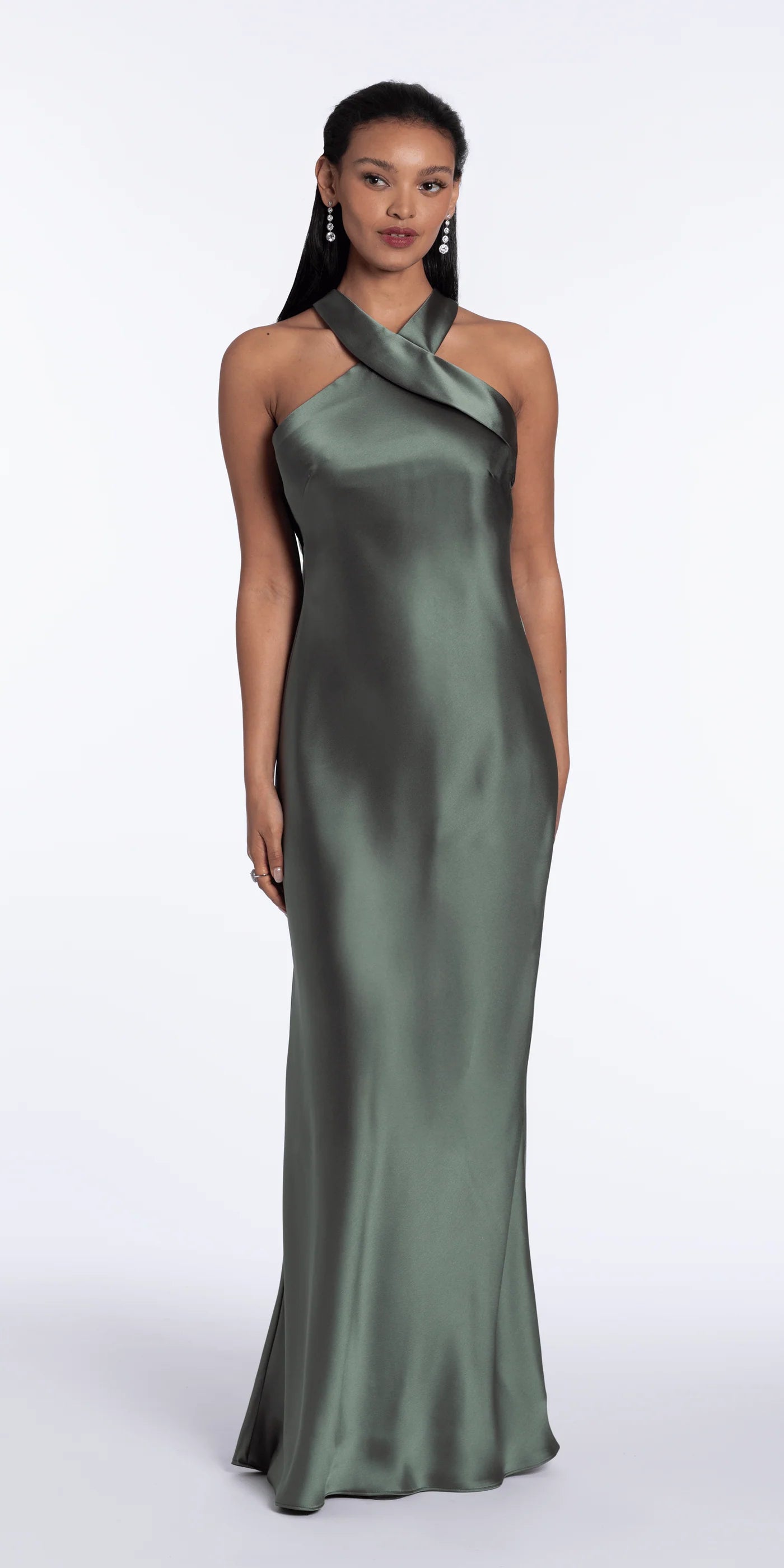 Minimalist satin halter crisscross neck floor length evening dress with open back drape detail
