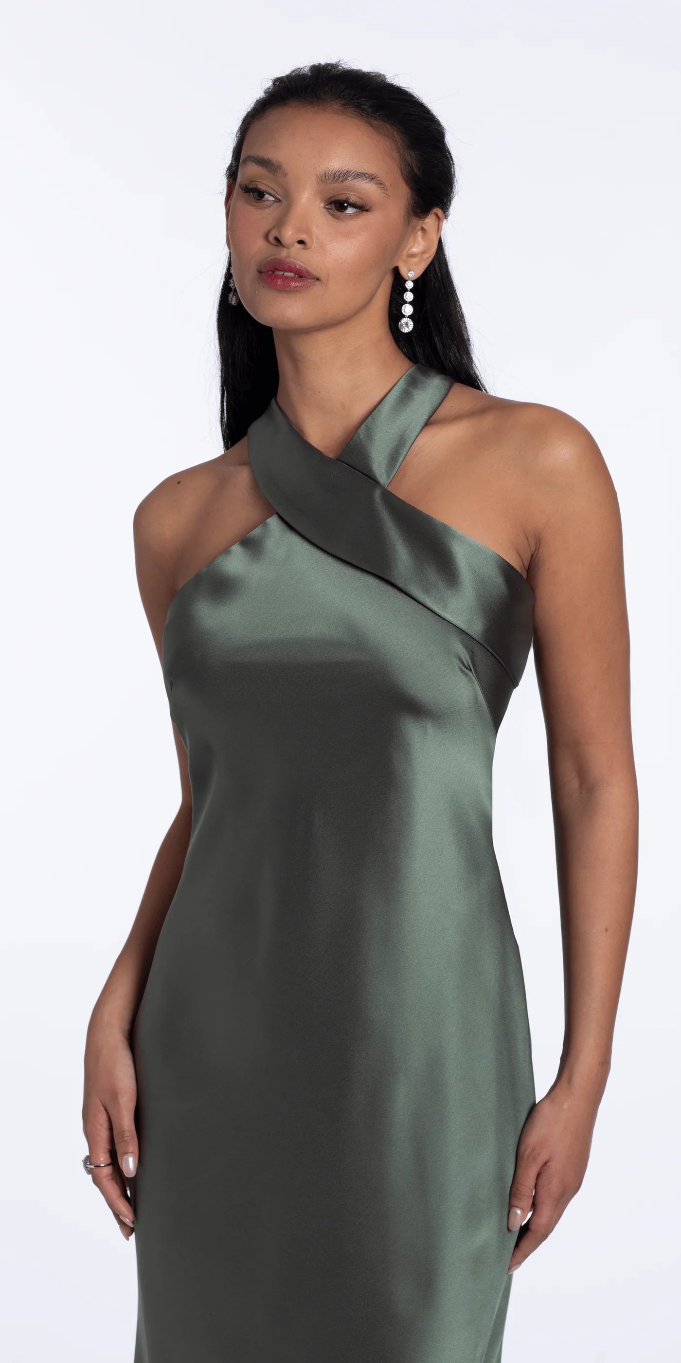 Minimalist satin halter crisscross neck floor length evening dress with open back drape detail
