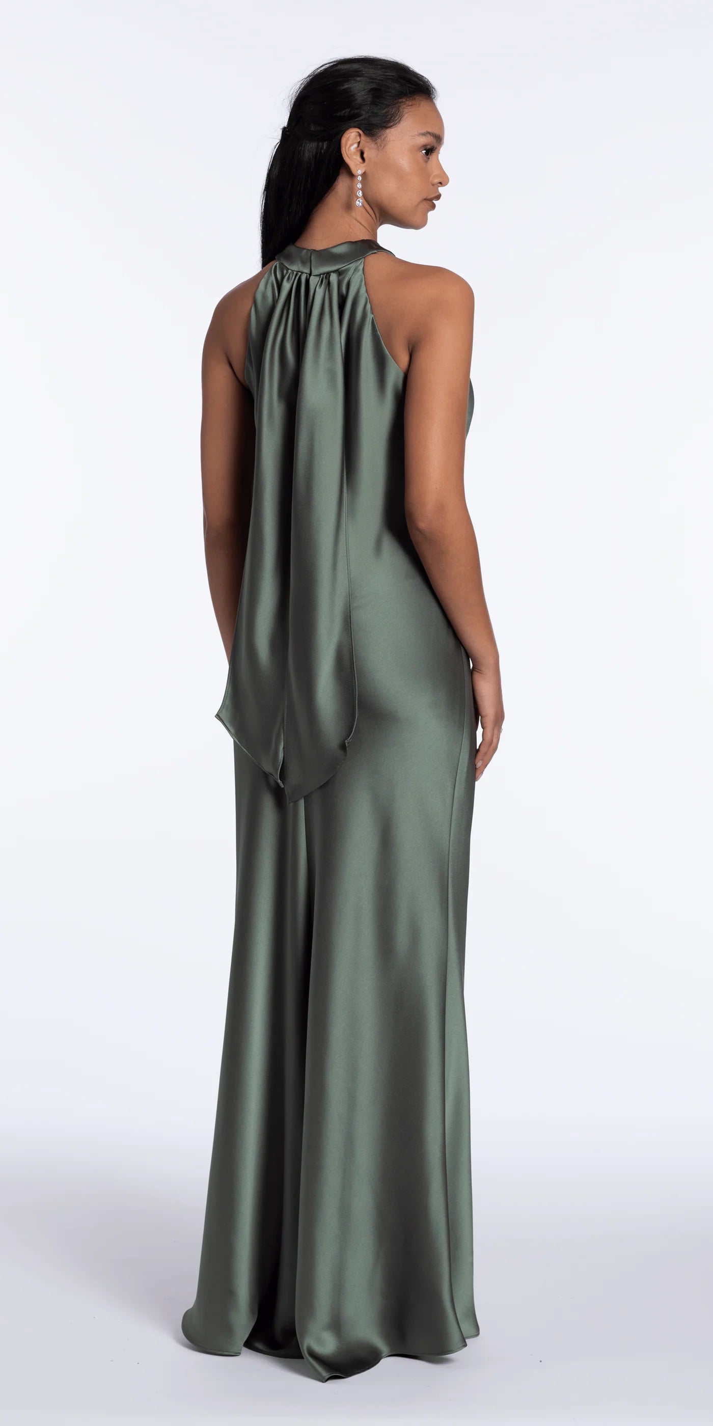 Minimalist satin halter crisscross neck floor length evening dress with open back drape detail