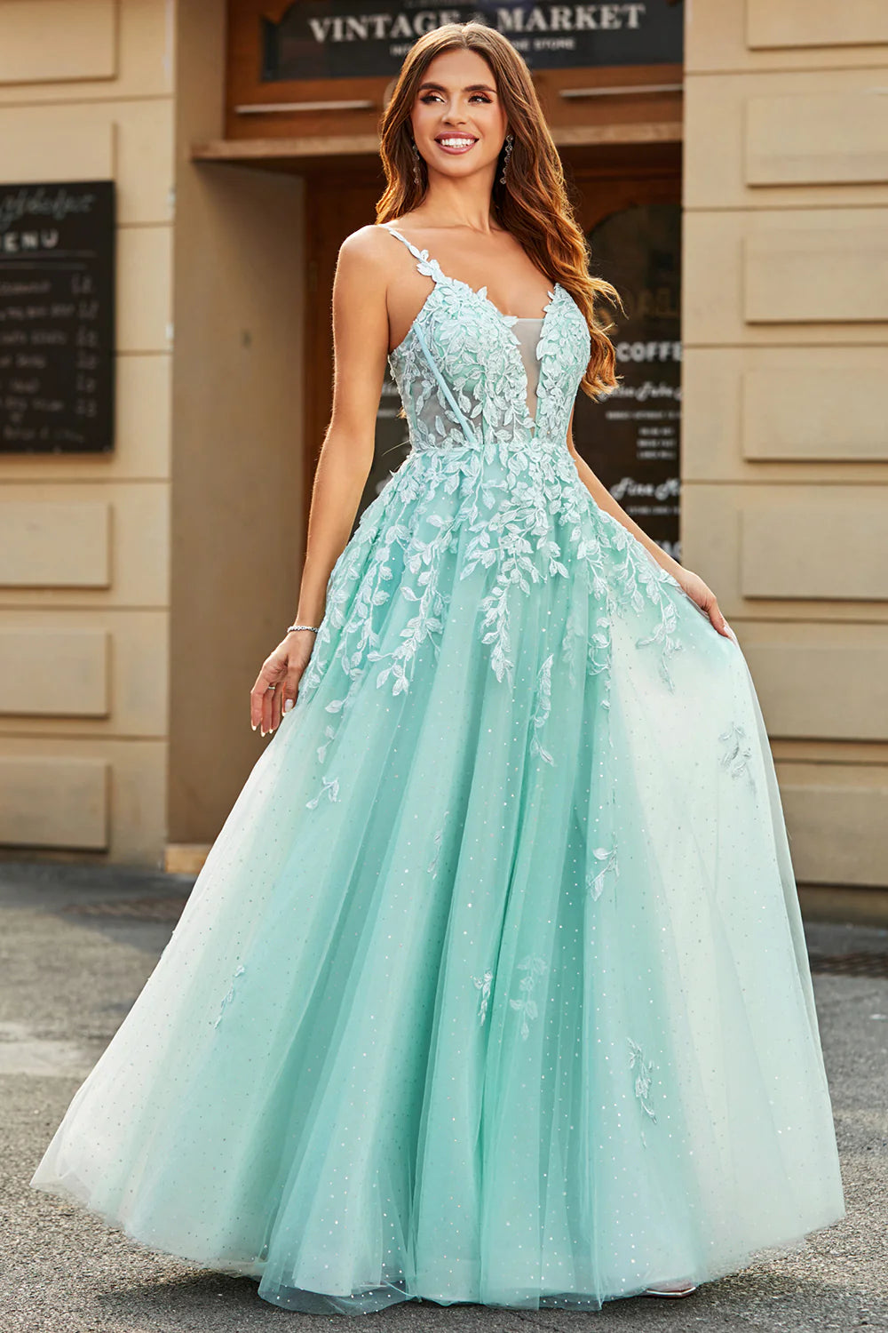 Mint Ball-Gown Glitter Beaded Tulle Long Prom Dress With Lace Leaf Appliques