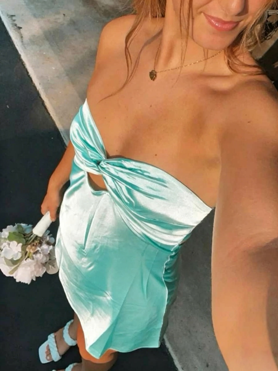 Mint Gloss Satin Strapless Twist Cutout Back Tie Flounce Mini Homecoming Dresses