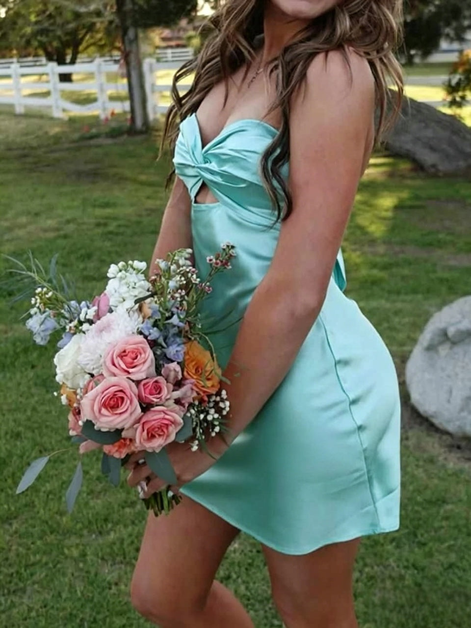 Mint Gloss Satin Strapless Twist Cutout Back Tie Flounce Mini Homecoming Dresses