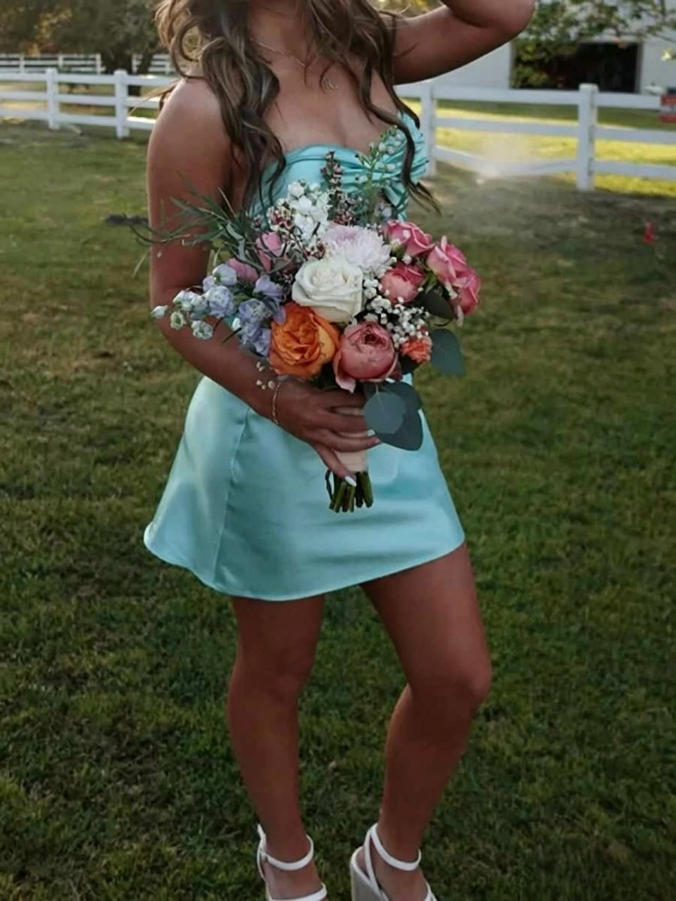 Mint Gloss Satin Strapless Twist Cutout Back Tie Flounce Mini Homecoming Dresses