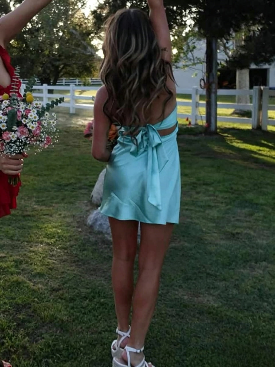Mint Gloss Satin Strapless Twist Cutout Back Tie Flounce Mini Homecoming Dresses