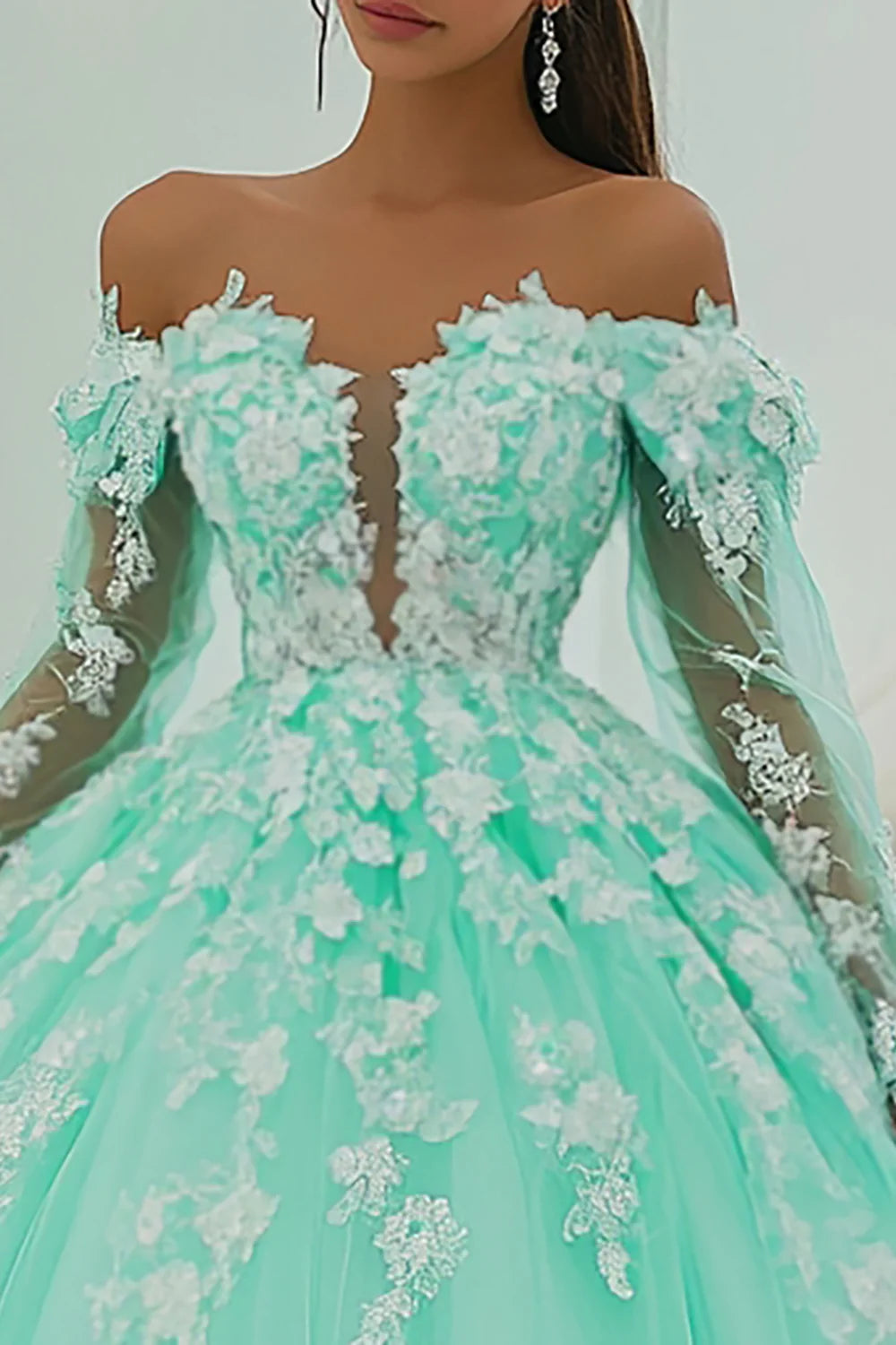 Mint Green Ball Gown Tulle Princess Long Quinceanera Dress with Appliques