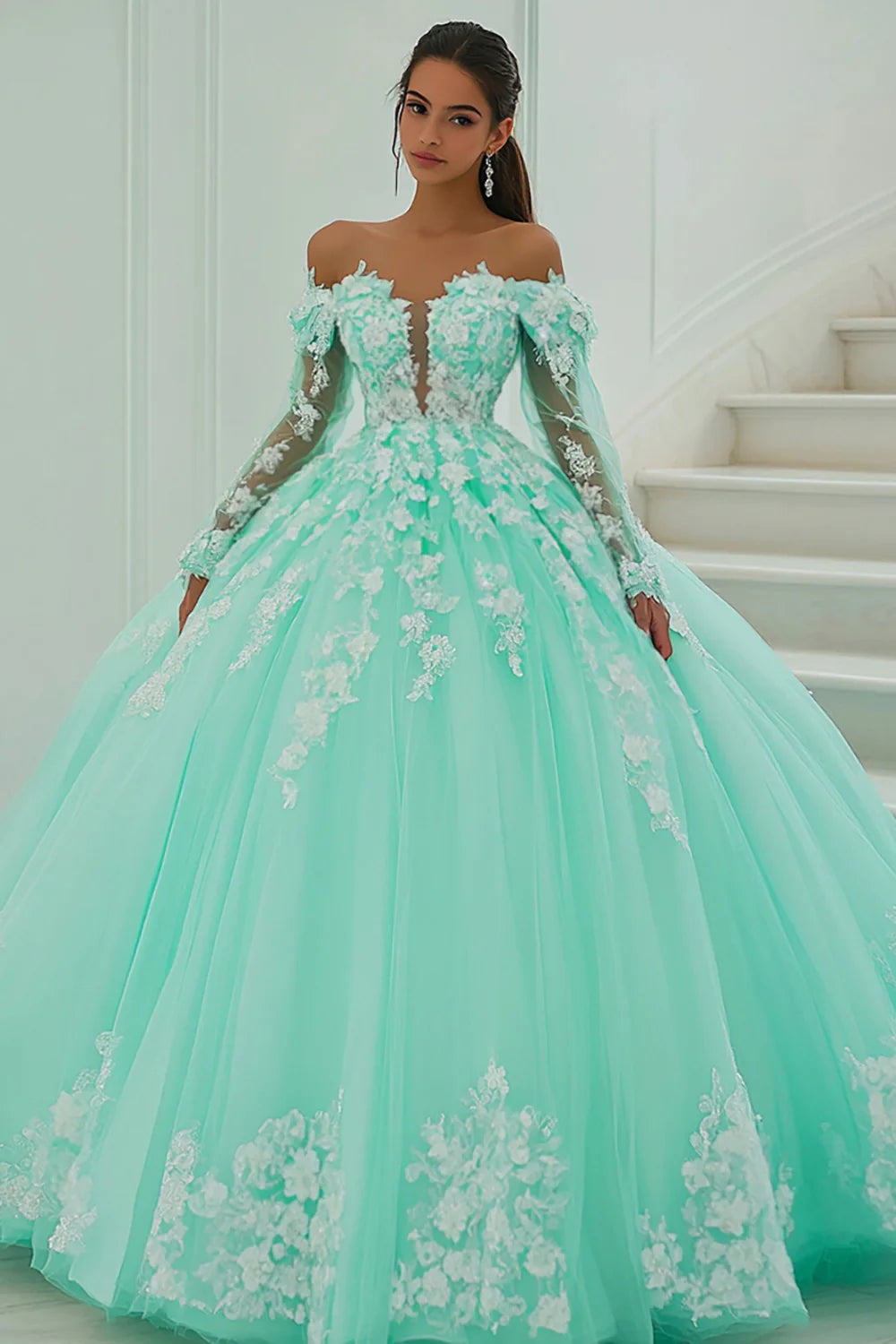 Mint Green Ball Gown Tulle Princess Long Quinceanera Dress with Appliques