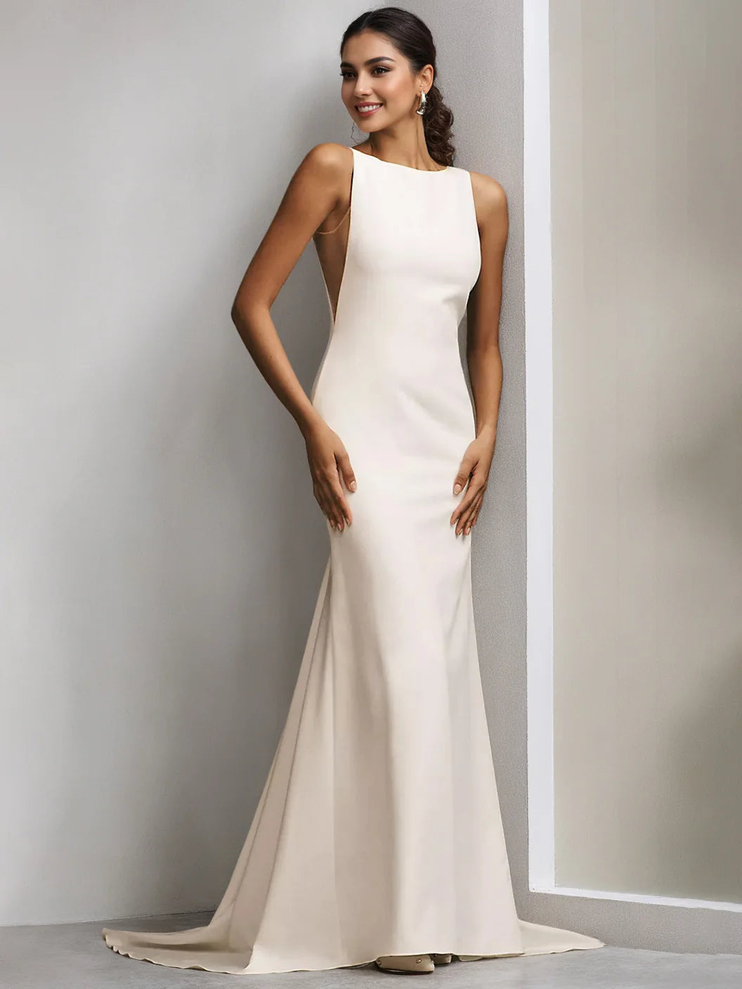 Modern Minimalist Ivory Bateau Neck Sleeveless Plunge Back Mermaid Floor-Length Wedding Dress with Chapel Train