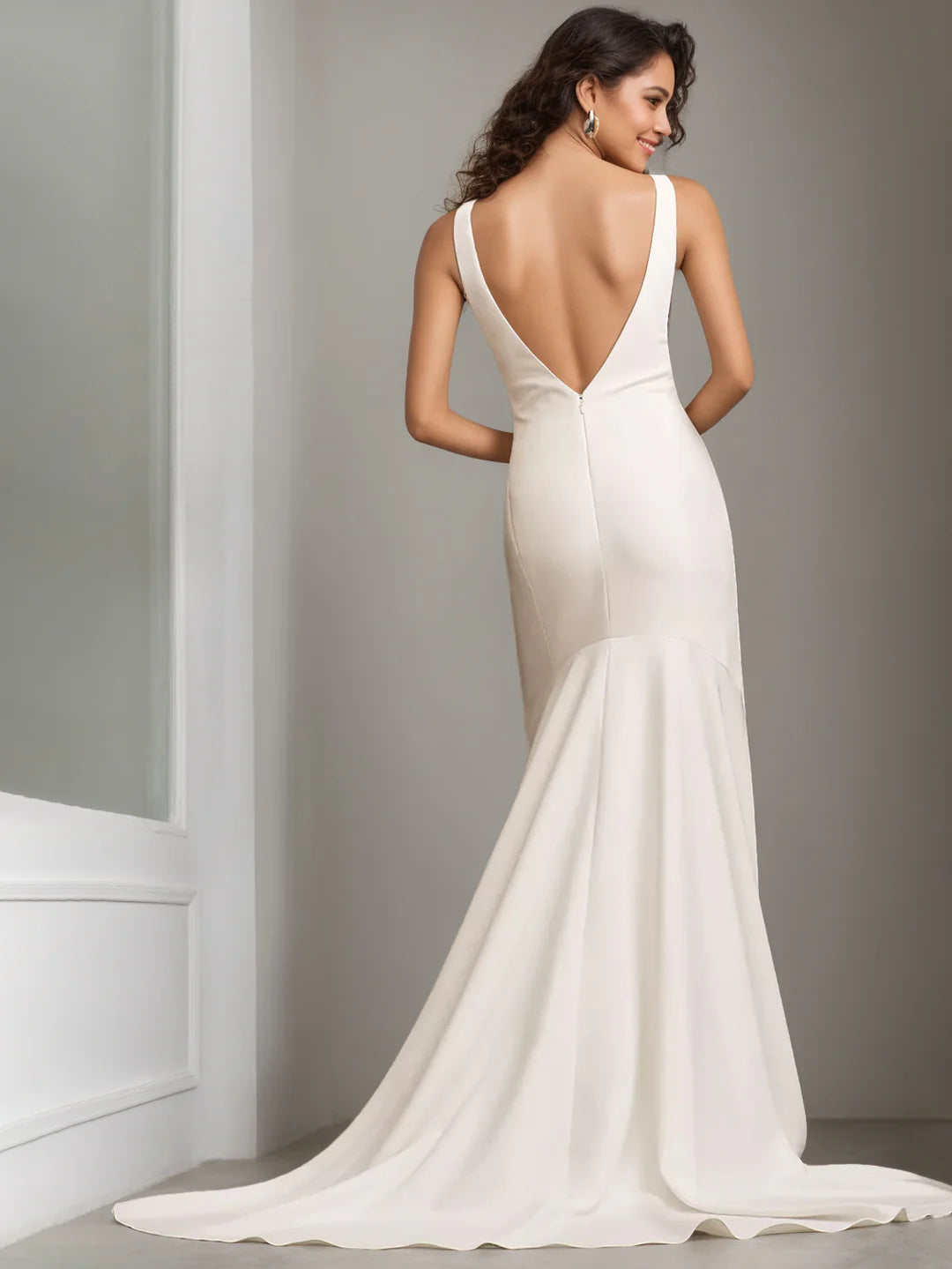 Modern Minimalist Ivory Bateau Neck Sleeveless Plunge Back Mermaid Floor-Length Wedding Dress with Chapel Train
