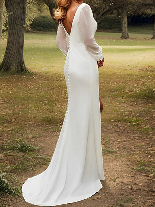Modern V-Neck Chiffon & Satin Mermaid Wedding Dress with Sheer Bishop Sleeves & High Slit