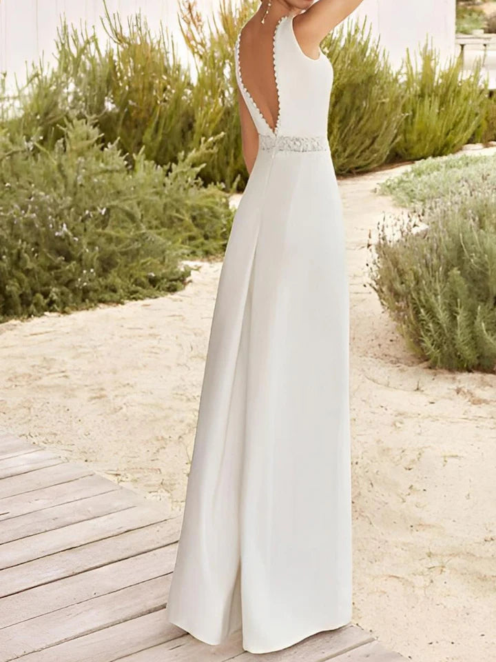 Modern V-Neck Lace Trim Satin Jumpsuit Wedding Dress with Open Back & Wide Legs