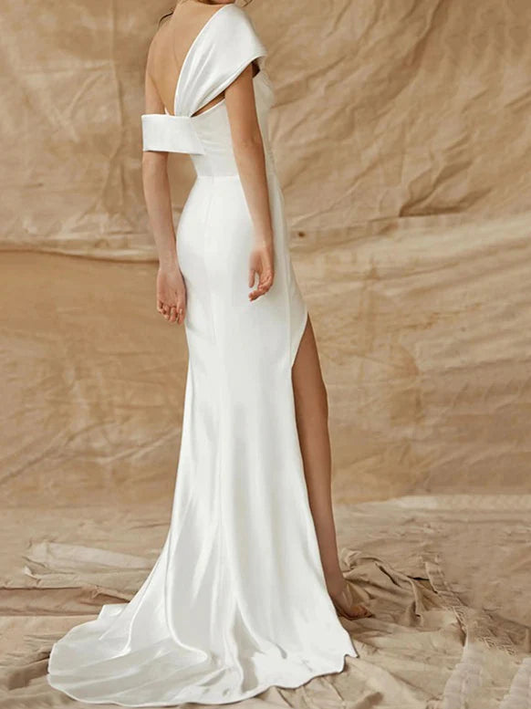 Modern Asymmetric One-Shoulder Satin Mermaid Wedding Dress with High Side Slit & Sweep Train