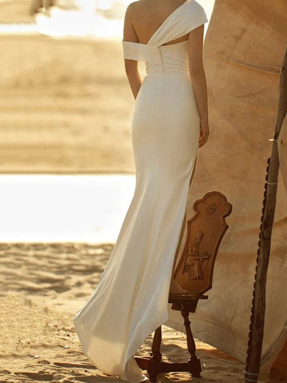 Modern Asymmetric One-Shoulder Satin Mermaid Wedding Dress with High Side Slit & Sweep Train