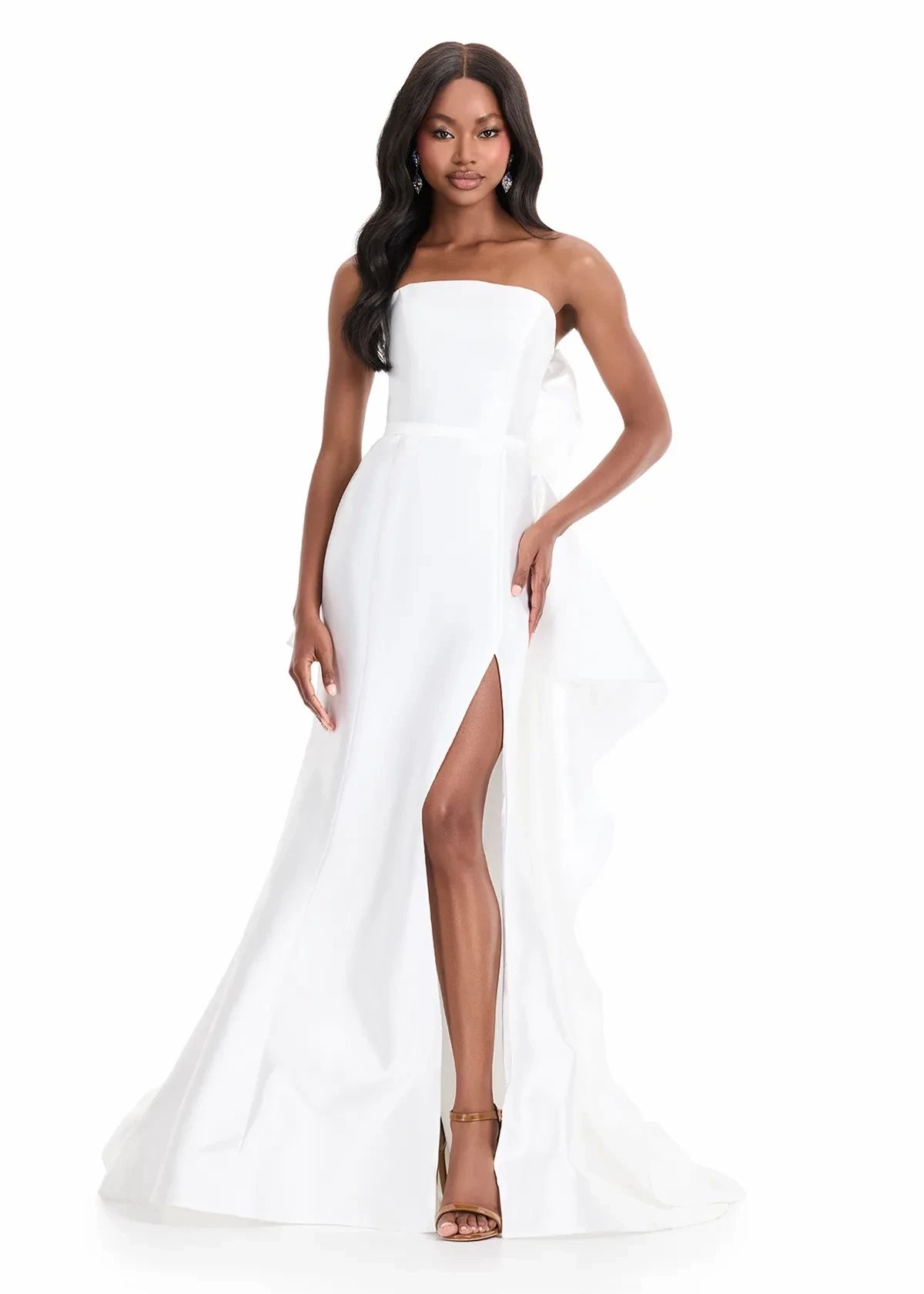 Modern Satin A-Line Strapless Straight Neck Sleeveless Ruffled Bow Back Floor-Length Slit Evening Dresses