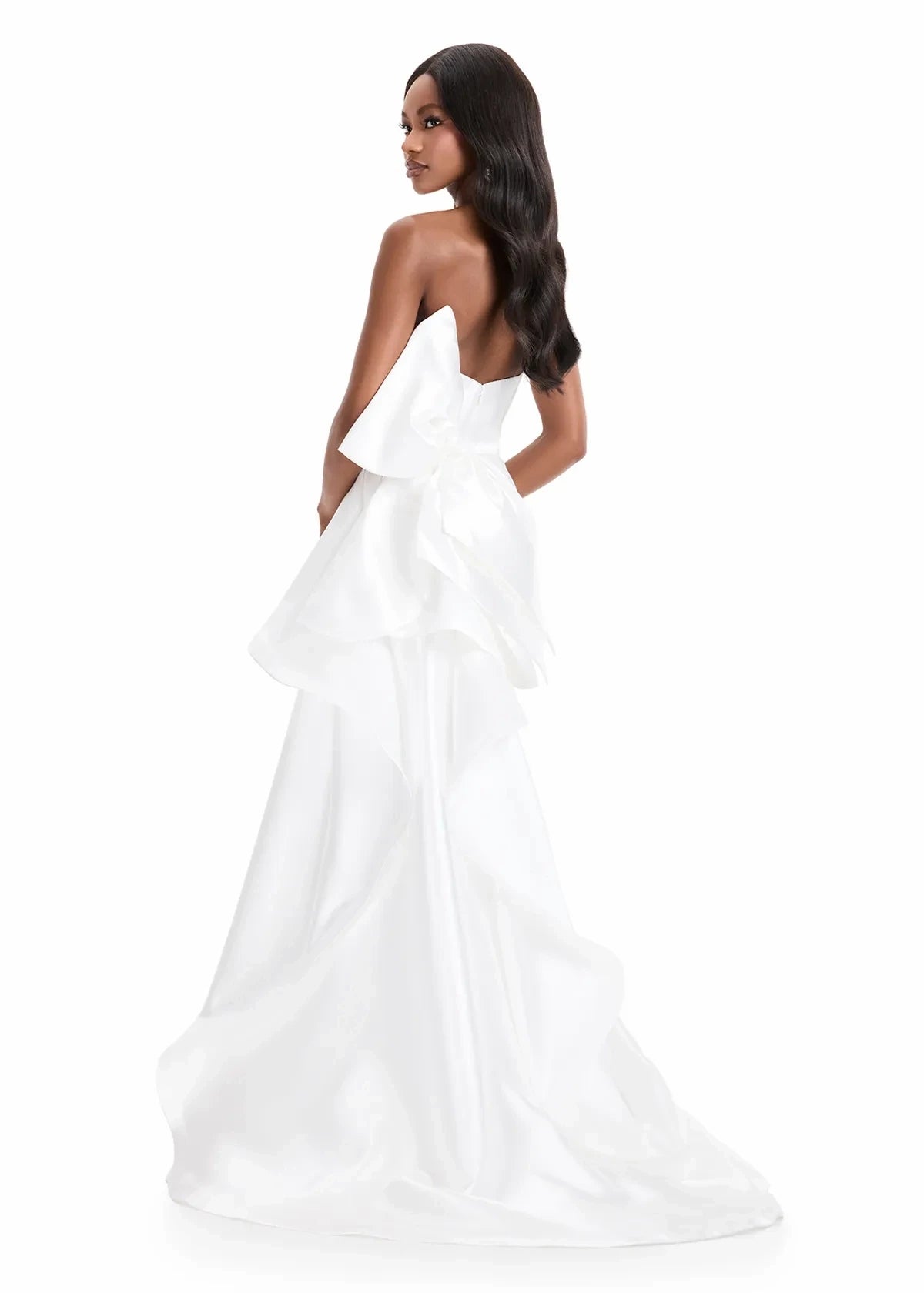 Modern Satin A-Line Strapless Straight Neck Sleeveless Ruffled Bow Back Floor-Length Slit Evening Dresses